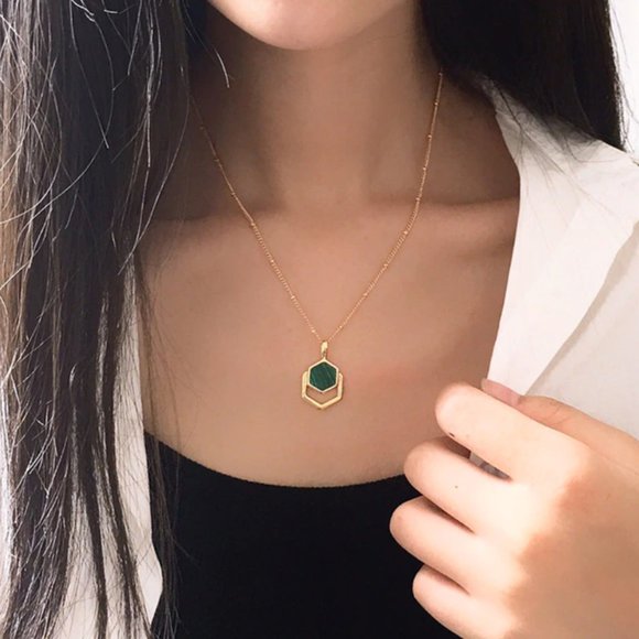 14K Gold Vermeil beautifully on 925 Sterling Silver Malachite Pendant Necklace - Picture 1 of 16